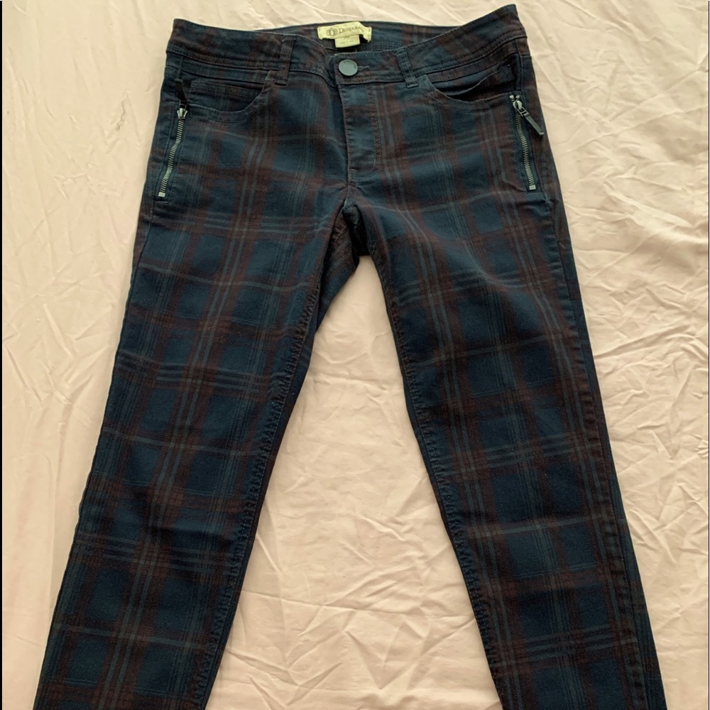 Dark blue and red plaid Democracy Jeans with side zippers.